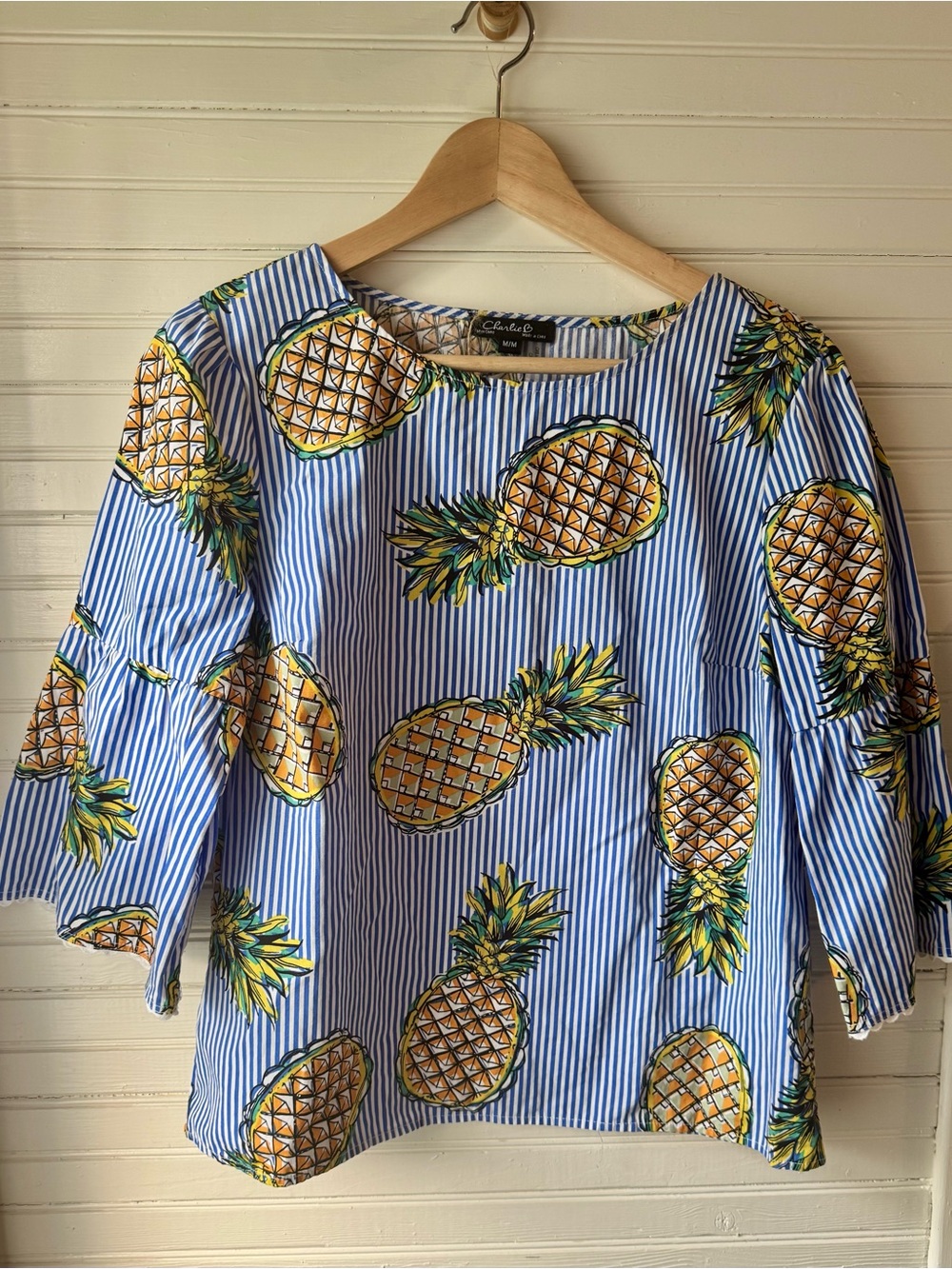 Charlie B Blue Pineapple Print Bell Sleeve Top